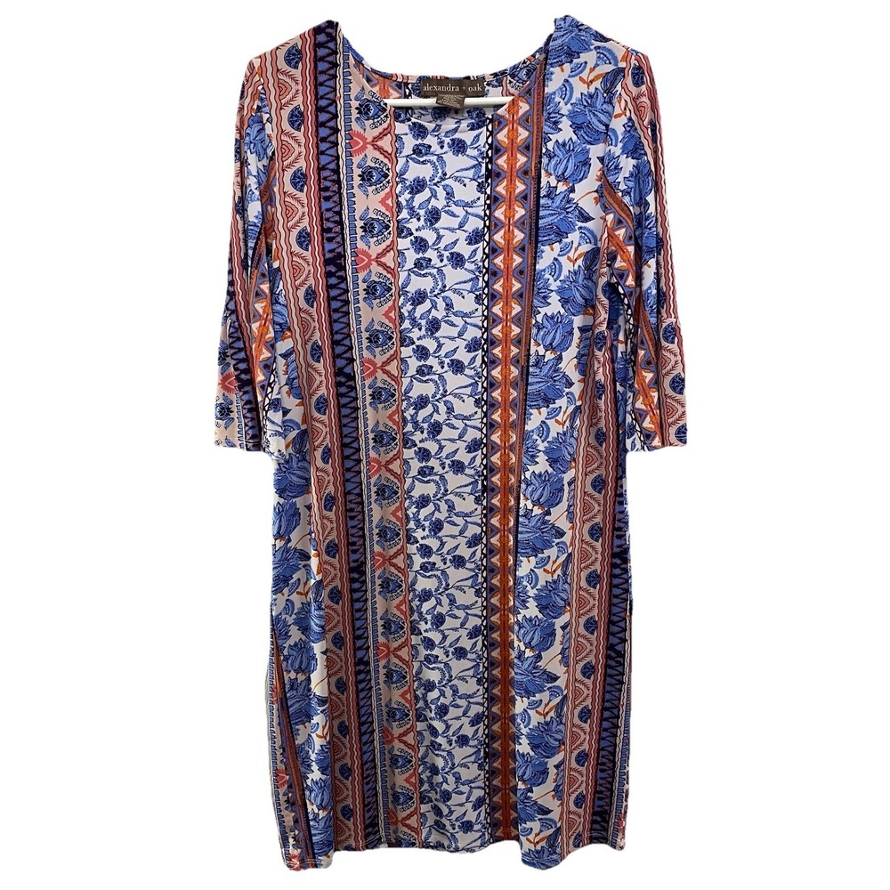 Alexandra + Oak Women's Floral Stretch Dress‎ 3/4 Sleeve Blue&Pink/White Sz. M